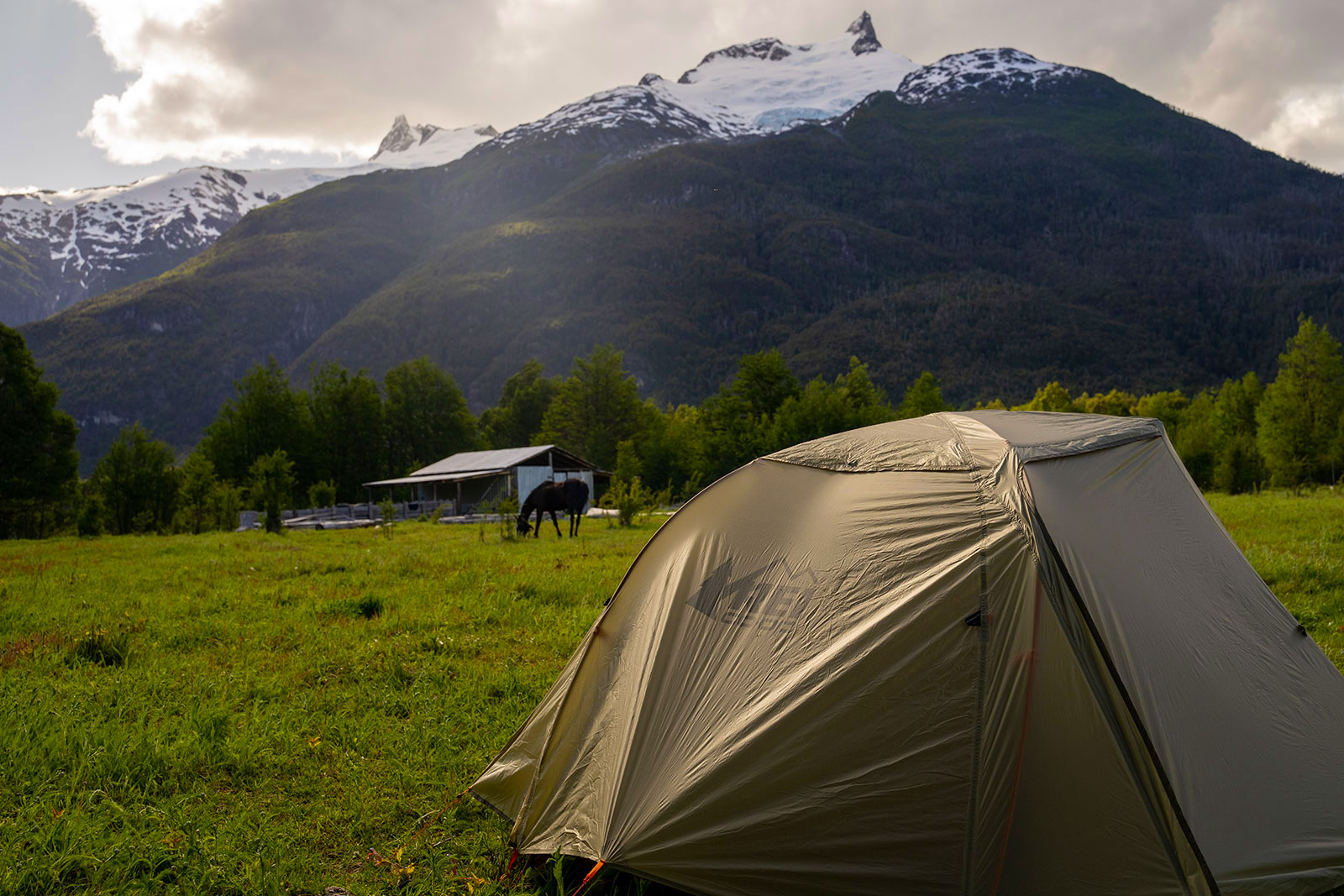 A beige tent is pitched on green grass under large snow capped mountains in Patagonia, Chile.